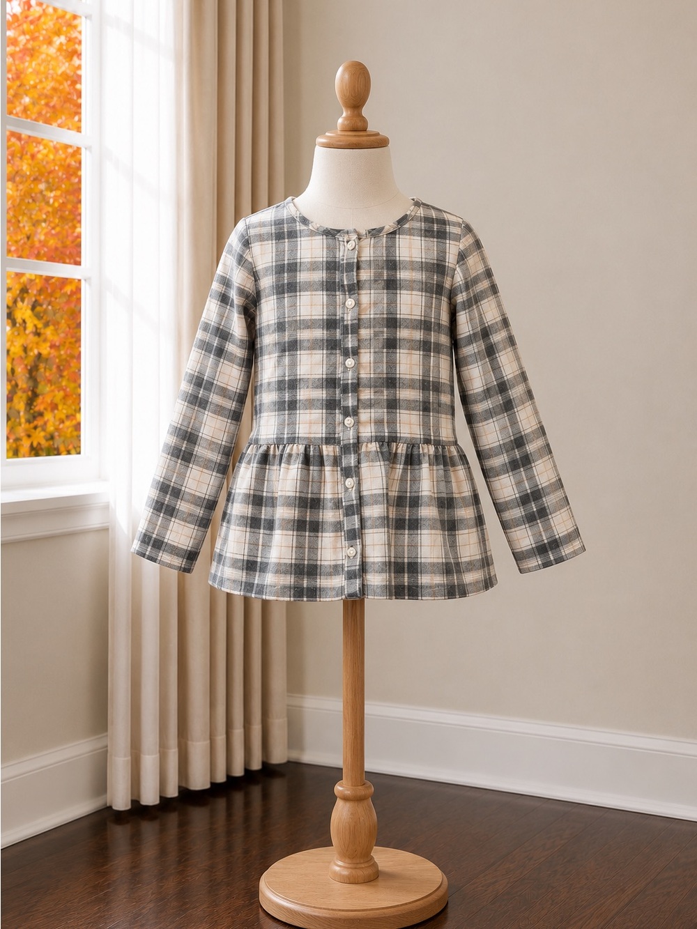 Carter's Plaid Button-Front Peplum Top in Gray-Blue & Cream